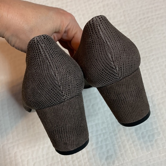 Stuart Weitzman Textured Block Heel Pump, Taupe Brown, Chrome Accents, Size 6.5M - Picture 7 of 14